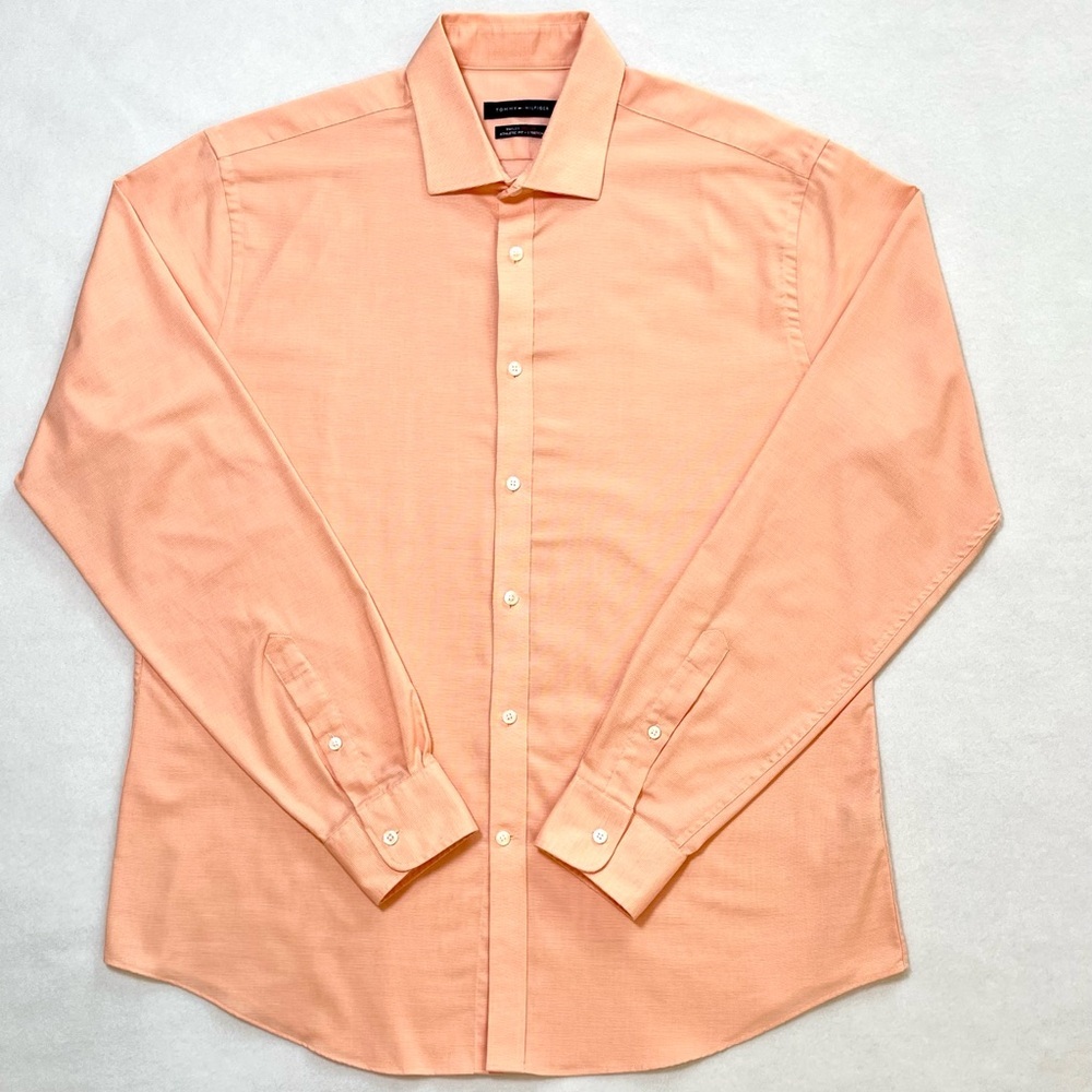 Tommy Hilfiger THFlex Athletic Fit Dress Shirt XL Peach Coral Button Front - Picture 2 of 13
